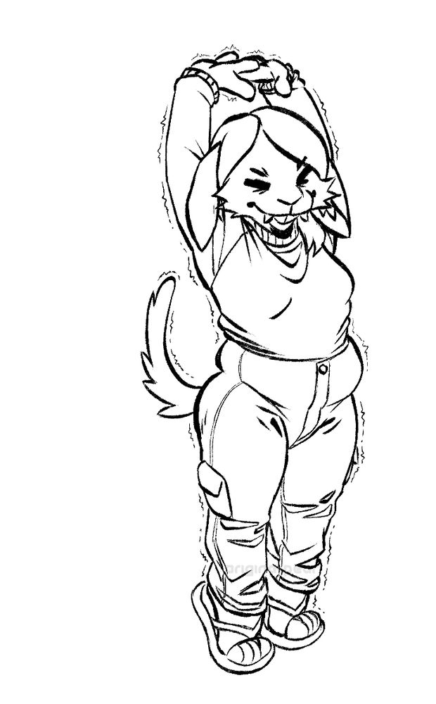 Lineart illustration of an anthropomorphic rabbit-cat hybrid, wearing a turtleneck sweater, waist-up jeans, and flip-flops, standing on their toes and stretching out their whole body, fingers interlocked above them.