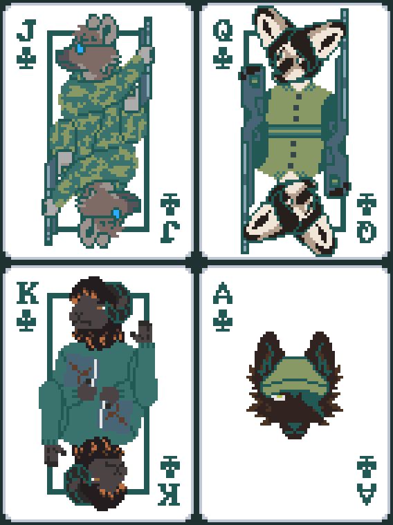 The face and ace cards from Balatro, in the club suit, with the characters Michi, Prue, Vermilion, and Zachery on the cards. Michi, the hyena with glasses and the camouflage jacket on the jack card, poses with his shotgun pointed up and his head to his right. Prue, the bat-eared fox with a bomber jacket on the queen card, stands idly with her sniper rifle on her shoulder and the butt held up by her hand. Vermilion, the ouessant sheep with the sweater on the king card, holds his left hand up with his palm towards the viewer and a book held up with his other hand from beneath. Zachery, the wolf with the eyepatch and cap on the ace card, looks head-on with a dead face.