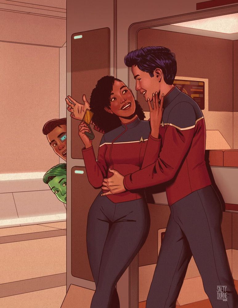 An illustration in which the characters are posed like the 1948 Bernard D'Andrea commercial painting "The Mating Call". Mariner and Boimler stand in front of their bunks in the lower decks sleeping quarters. Mariner in holding a TOS communicator, which is a reference to the original illustration where the woman is holding a phone. Boimler has his arms around her and they are looking at each other an smiling. In the background, Tendi and Rutherford's heads can be seen peaking out around a corner from the hallway. They are watching Mariner and Boimler. 