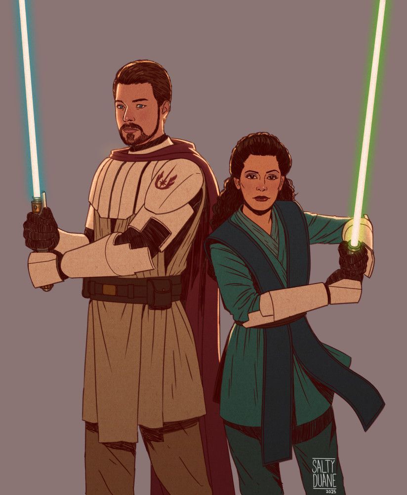 William Riker and Deanna Troi from Star Trek: The Next Generation dressed as Jedi Knights. Riker wears full Jedi Commander armor over his robes while Troi only wears armored bracers. Riker holds a blue lightsaber and Troi holds a green one. 