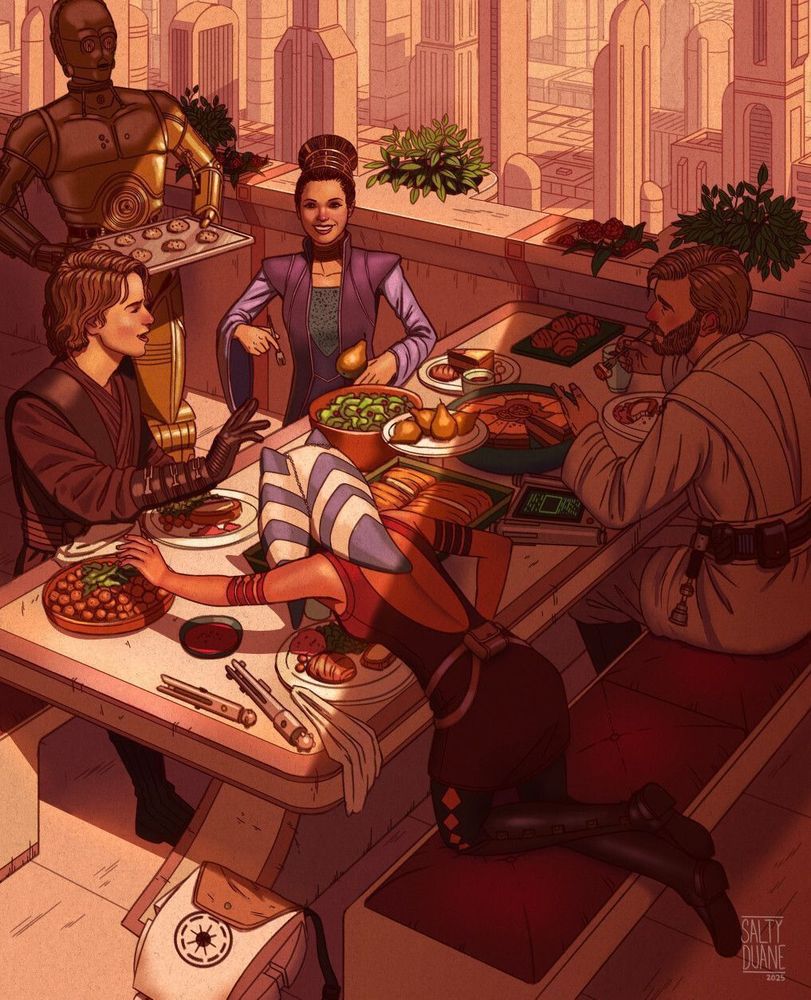 Anakin, Obi-wan, Ahsoka and Padme sit around a table eating food. Anakin is using the force to pull a pear-like fruit towards him while Padme laughs. Ahsoka reaches across the table to grab a fried dumpling. C3PO is in the background carrying a tray of cookies. In the distance, we can see the skyscrapers of Coruscant.