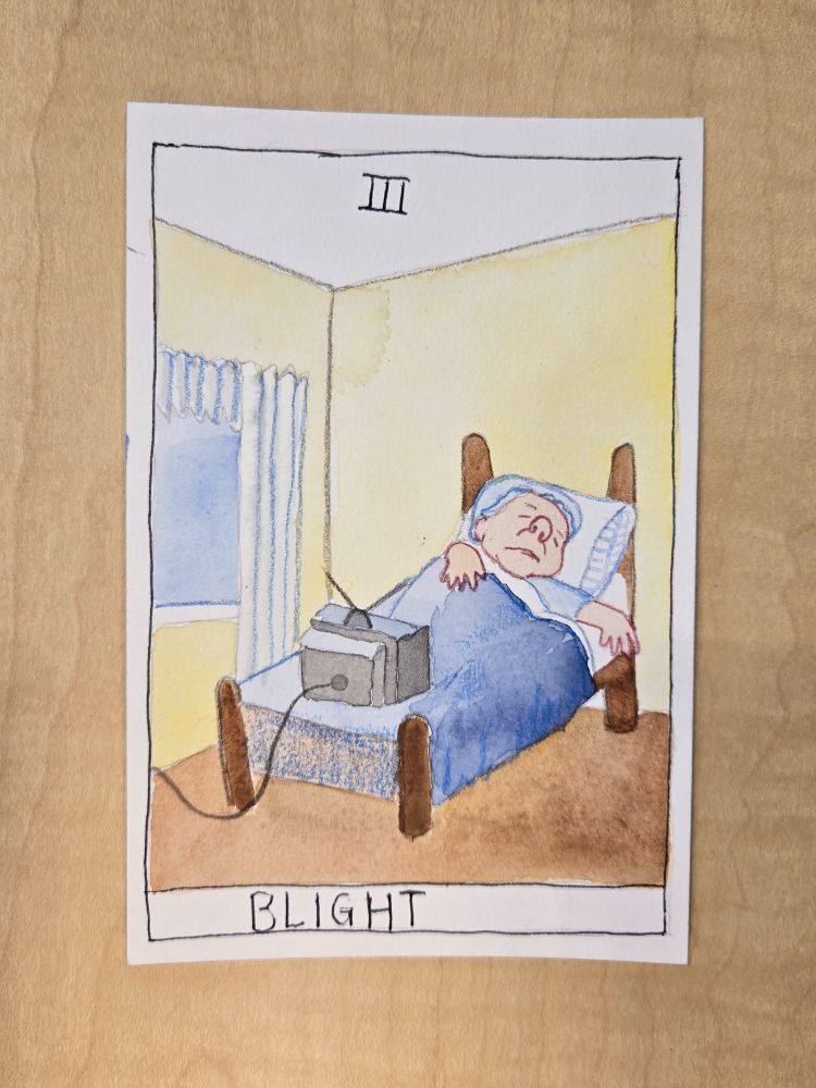 Red Riding Grandmother languishing in bed with an old fashioned portable TV at her feet. A watercolor drawing made to look like a tarot card III Blight. 