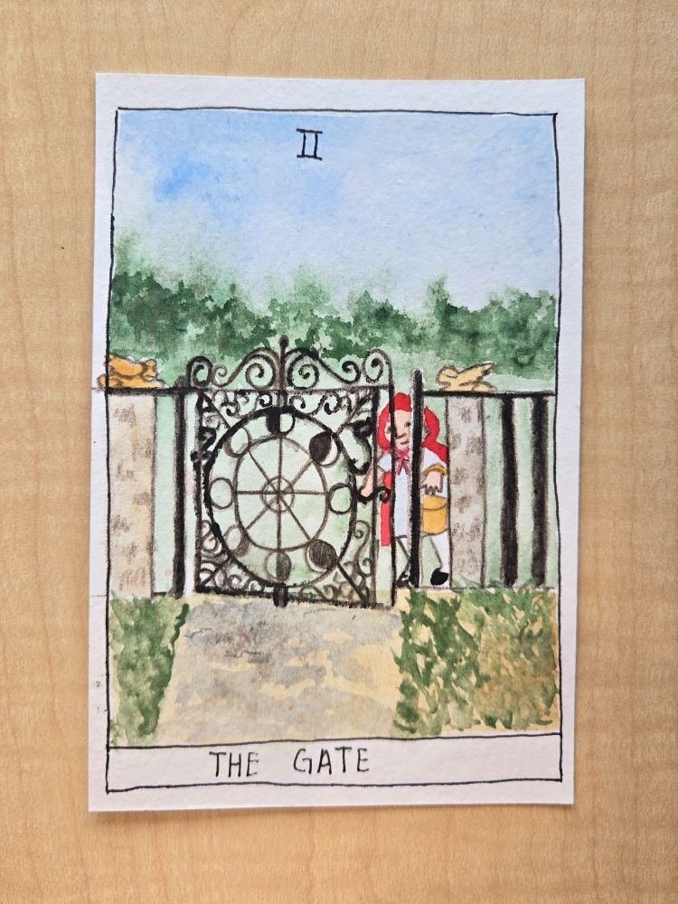 A watercolor drawing of Little Red Riding Hood at the start of her journey closing a wrought iron gate behind her. The gate has a phases of the moon motif. The drawing is cut out to look like a tarot card II The Gate