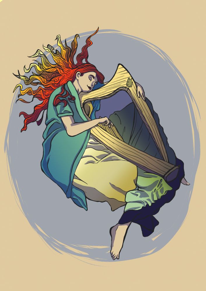 Woman laid holding a harp