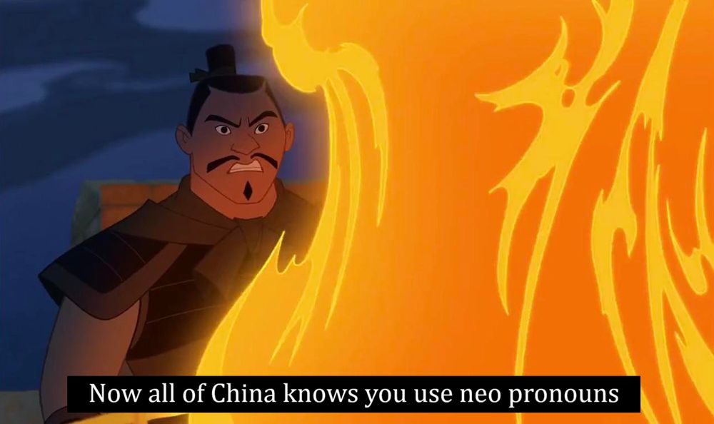 A screenshot from Mulan of the signal fire being lit. The caption says "now all of China knows you use neo pronouns"