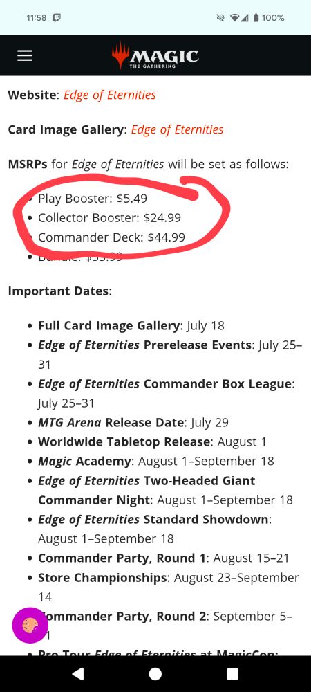 MSRP for a single collector booster pack of Magic the Gathering: Edge of Eternities is $24.99 US Dollar.