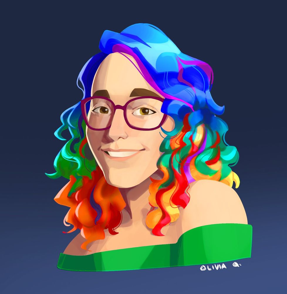 drawing of a woman with rainbow hair and glasses
