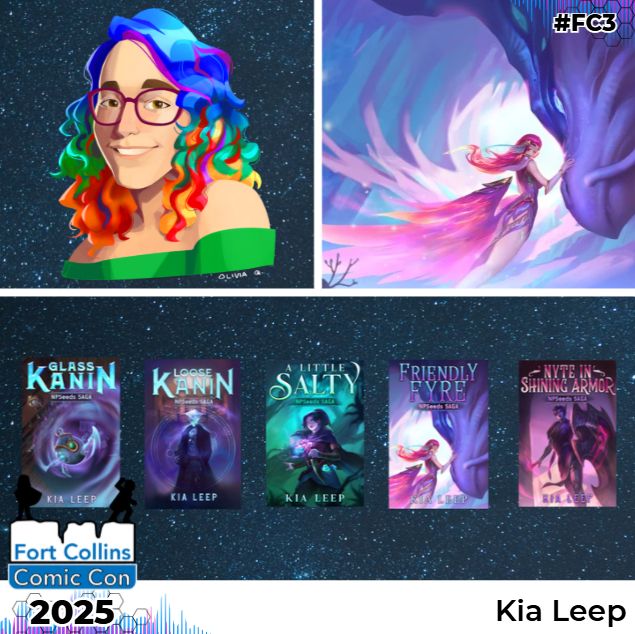 Picture of Kia Leep and her book covers, including a harpy and dragon in the top right