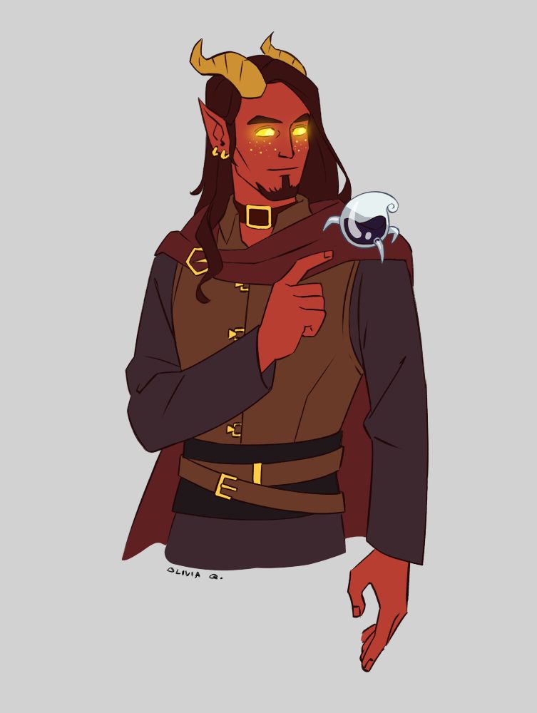 Zyneth, a red cambion, with Kanin, a glass bottle, on his shoulder, from the book series Glass Kanin