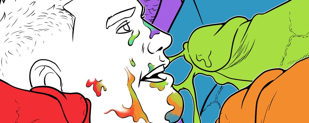 This is a close-up of a drawing showing a man's face covered in rainbow-colored cum from the multi-colored dicks that surround him.