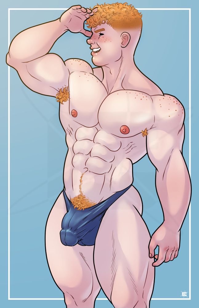This is an illustration of a muscular man with curly orange hair. He is wearing only a dark blue speedo. One of his arms is raised to shade his eyes as he looks off into the distance, showing off his armpit hair. Orange pubic hair can also bee seen spilling over the top of his speedo. His fat cock is straining against the tight fabric.