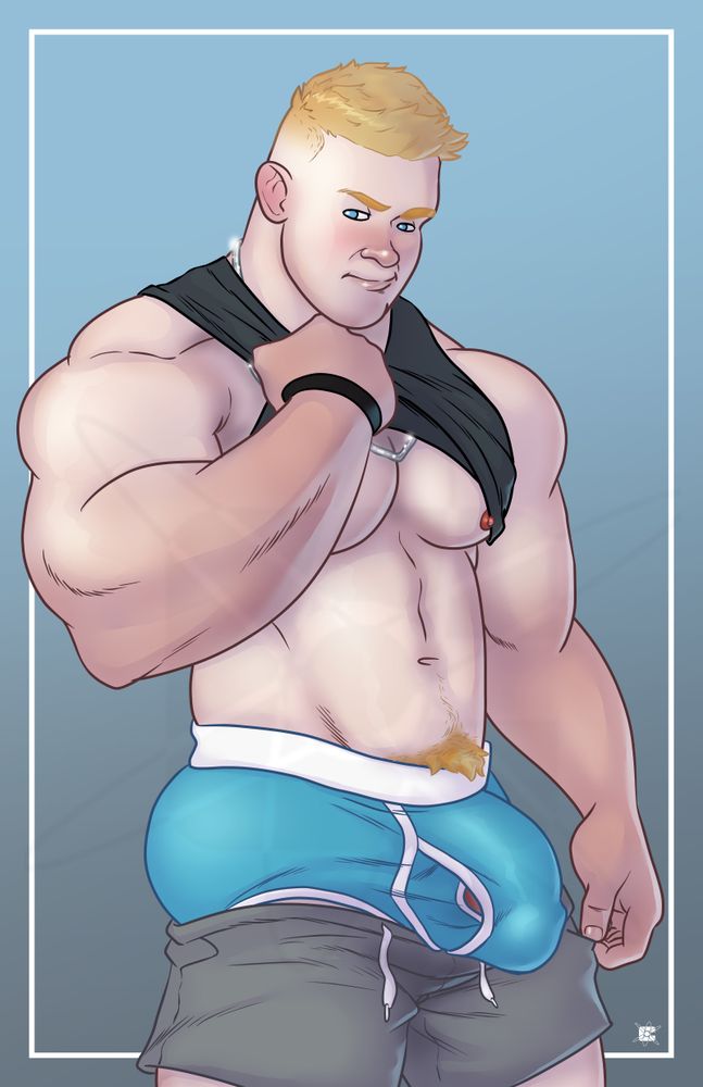 This is an illustration of a beefy, muscular man. He has short blond hair and blue eyes. He is wearing a black tank top and gray shorts. He his lifting up his tank top so his torso is showing, flexing his thick arm in the process. A silver necklace can be seen around his neck. His shorts are pulled partially down around his thighs, just under his blue briefs which are straining to hold his bulging cock. 
