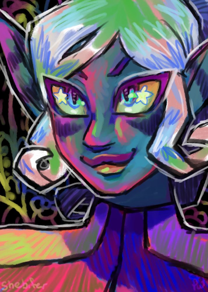 an experimental and colorful headshot of Lolo looking mischievous as usual. shes got stars in her eyes and everything