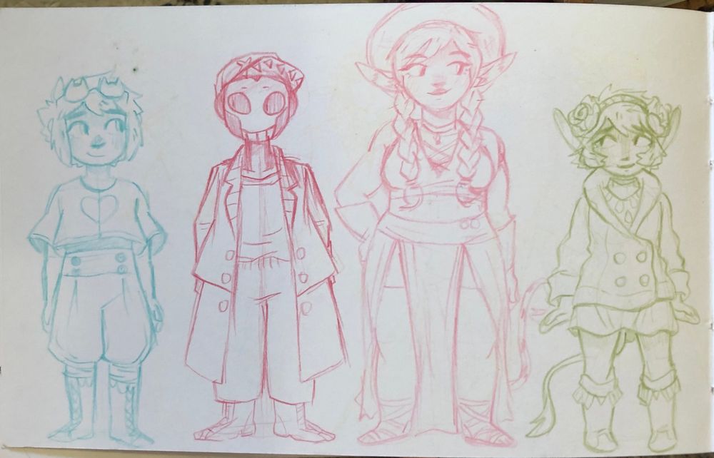 ellis, chip, lolo, and kelki, drawn in cute fashionable outfits, each in their respective colors