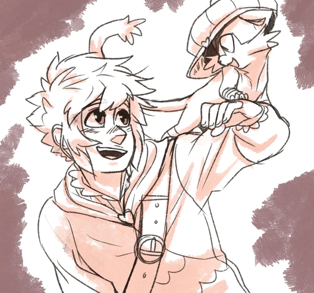 Ellis holding his arm out to support a Litten thats stolen his hat.