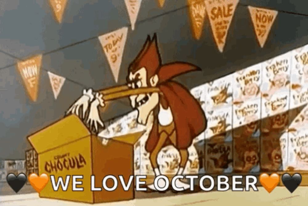 a cartoon of a vampire holding a box that says ' we love october '