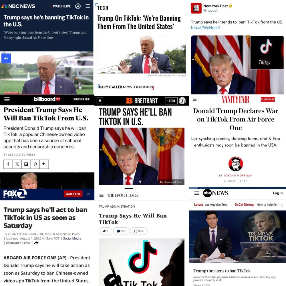 Multiple screenshots of news articles about how Trump wants to ban TikTok.
