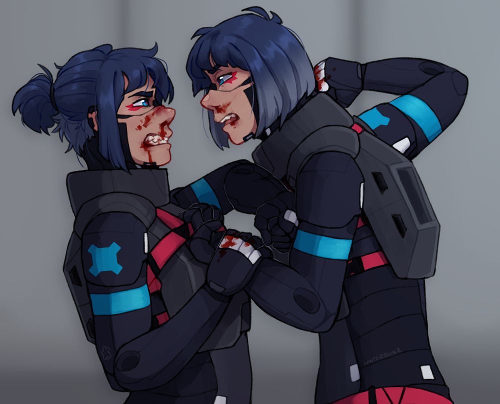 Artwork of two Signalis OCs, Kratzer (left) and Ratel (right), both Star units, in the midst of a fist fight. Ratel is holding onto the strap of Kratzer's armor and winding up for another punch; Kratzer is gripping Ratel's wrist and trying to push her away with her other arm. There is blood on their knuckles and faces, significantly more on Kratzer's.