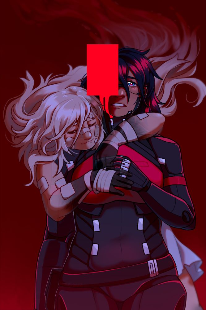 artwork of Signalis characters. Elster stands in front, clutching the photograph of Ariane to her chest. Ariane leans over Elster's shoulder, holding onto her in an embrace; her hair fades away in the background into a stream of blood. There's a bright red rectangle covering Elster's right eye.