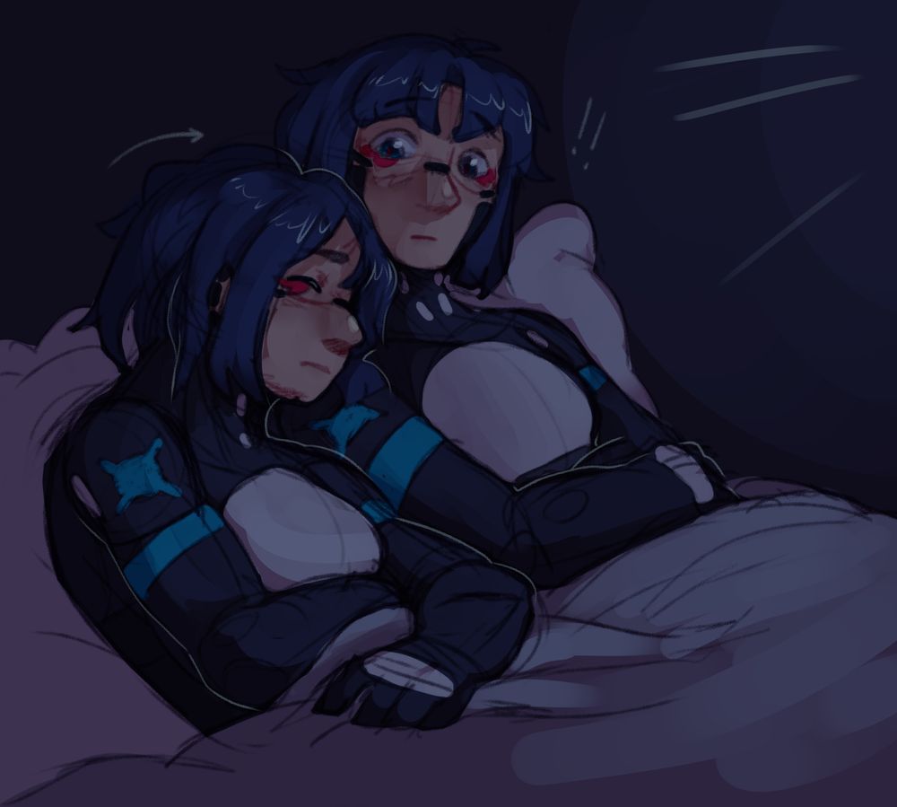 colored sketch of two Star OCs, sitting in bed together, illuminated only by a TV located off-screen. Kratzer falls asleep and her head slumps onto Wolke's shoulder, much to her surprise