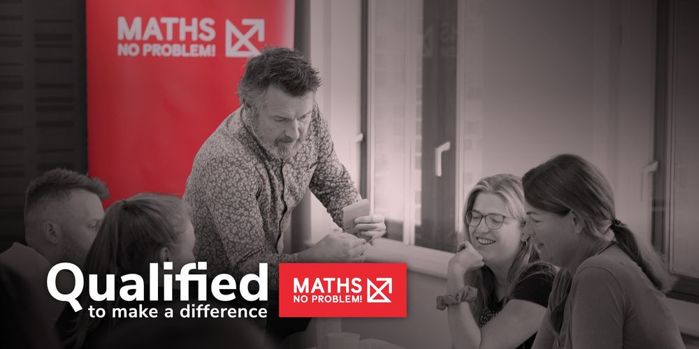 Slogan "Qualified to make a difference." Maths — No Problem! Trainer Adam Gifford is speaking to other teachers at CPD event.
