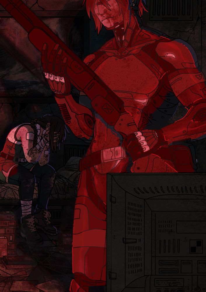 A drawing of Elster with the nitro express rifle and Isa in Nowhere. A monitor is in the front of the image emitting a bright red light onto the both of them with Isa crying in the background. The rest of the room is dark and grimey.