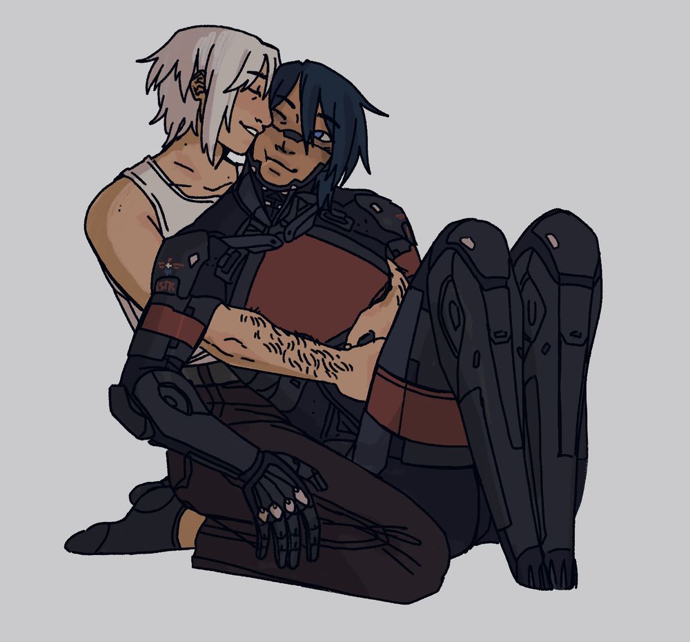 A fullbody drawing of Elster and Ariane with them both sitting and Ariane is holding Elster in her arms kissing her on the cheek.