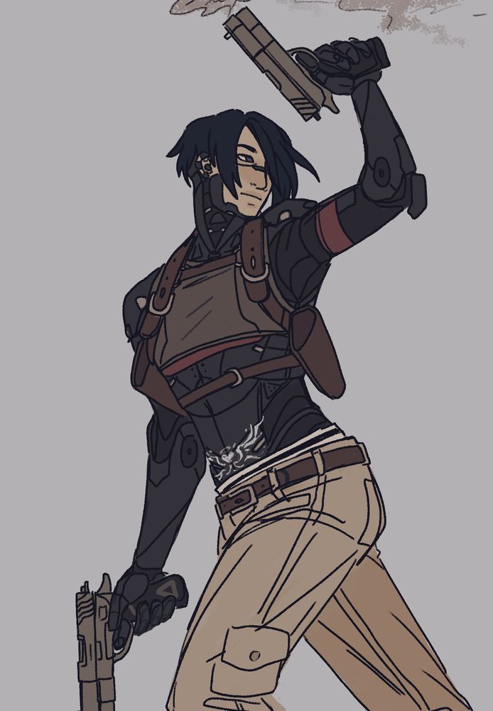 Elster from Signalis dressed in a crop top and cargo pants with two pistols in her hands. She also has a tattoo on her stomach plate.