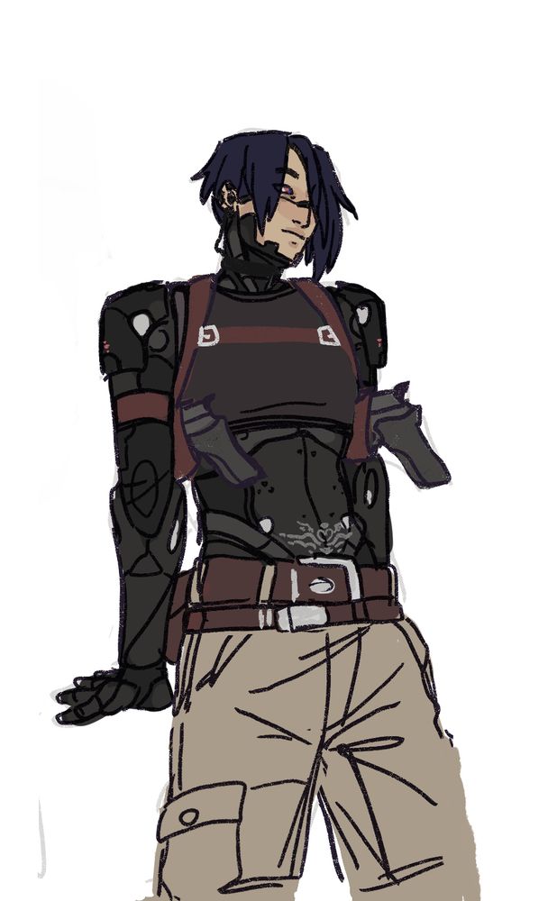 Elster from Signalis dressed in a crop top and cargo pants leaning back. She also has a tattoo on her stomach plate.