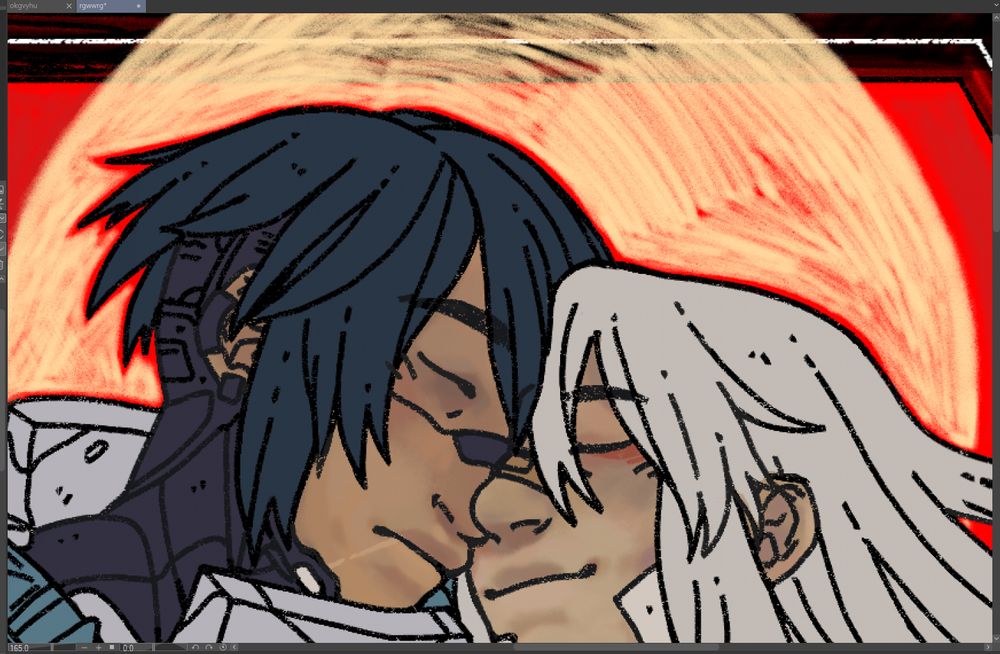an screenshot of an unfinished drawing of ariane and armored elster together against a bright red background with a yellow halo