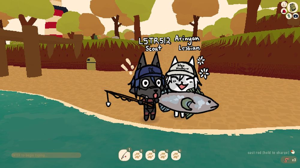 A painted over screenshot of webfishing with a cat Ariane holding a fish and a dog Elster looking surprised