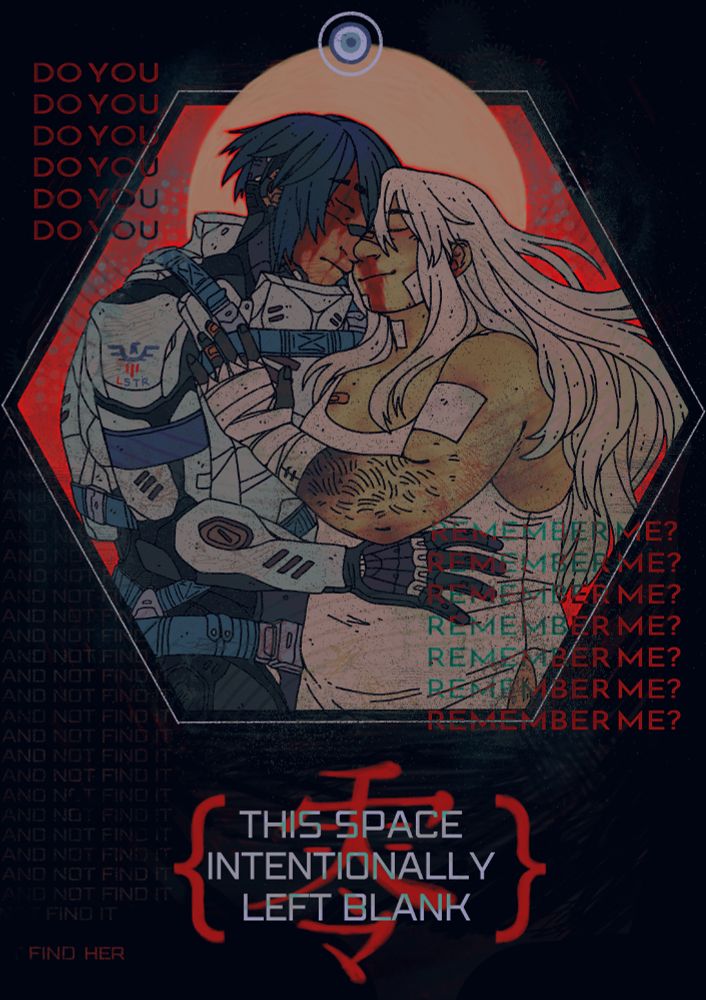 A drawing of Ariane and Elster together in a red hexagonal cutout against a black background. 'Do you remember me?' in text surrounds them on the left and right and 'This space intentionally left blank' is in text at the bottom over the chinese character for zero. A slight faded 'Free her' to the left.