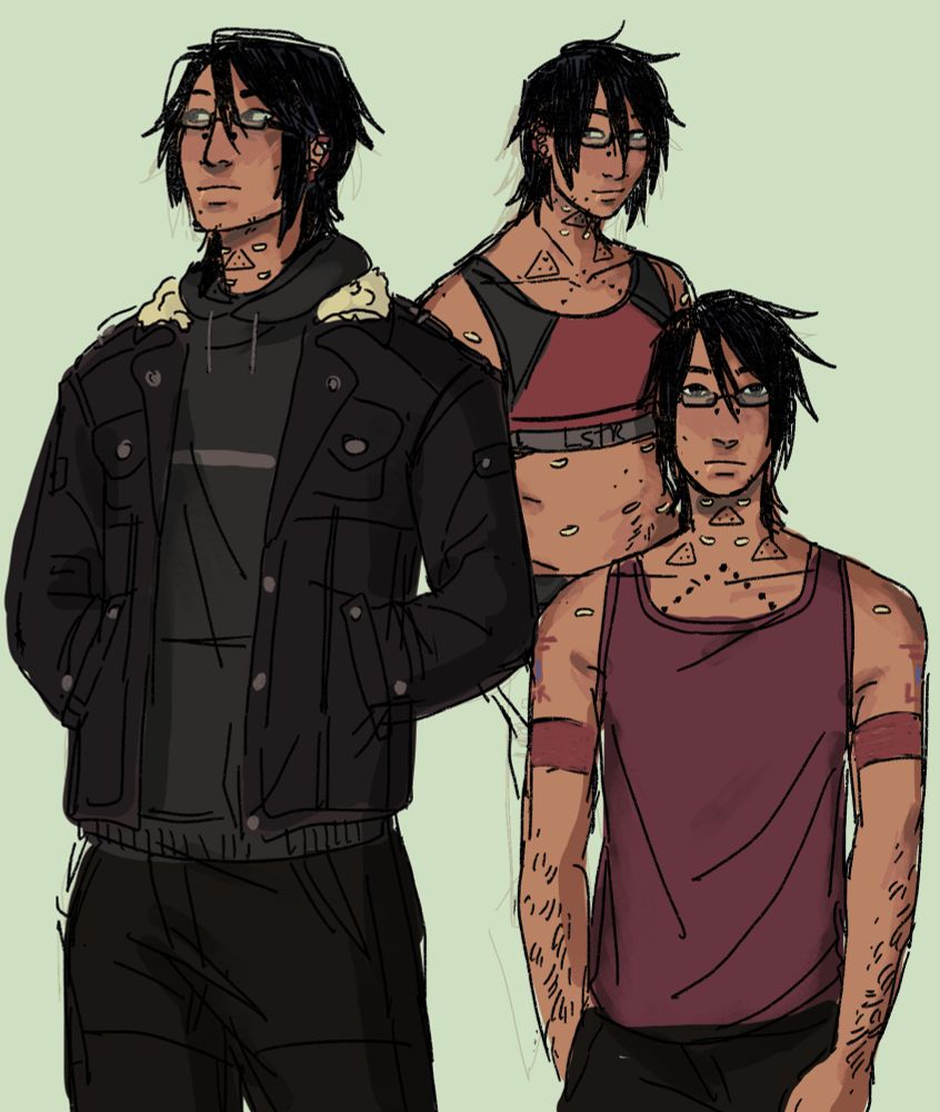 Three waist up drawings of a human AU Elster wearing glasses