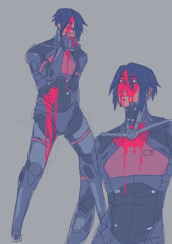 A full body and waist up drawing of Elster with her face and body covered in bright saturated blood.
