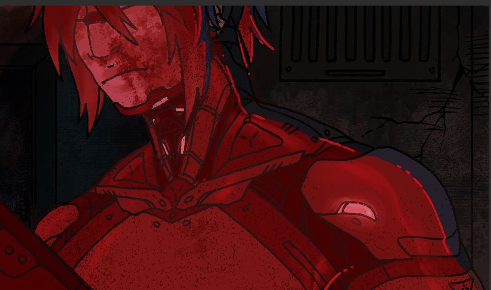 a partial drawing of elster with blood on her face in stark red lighting