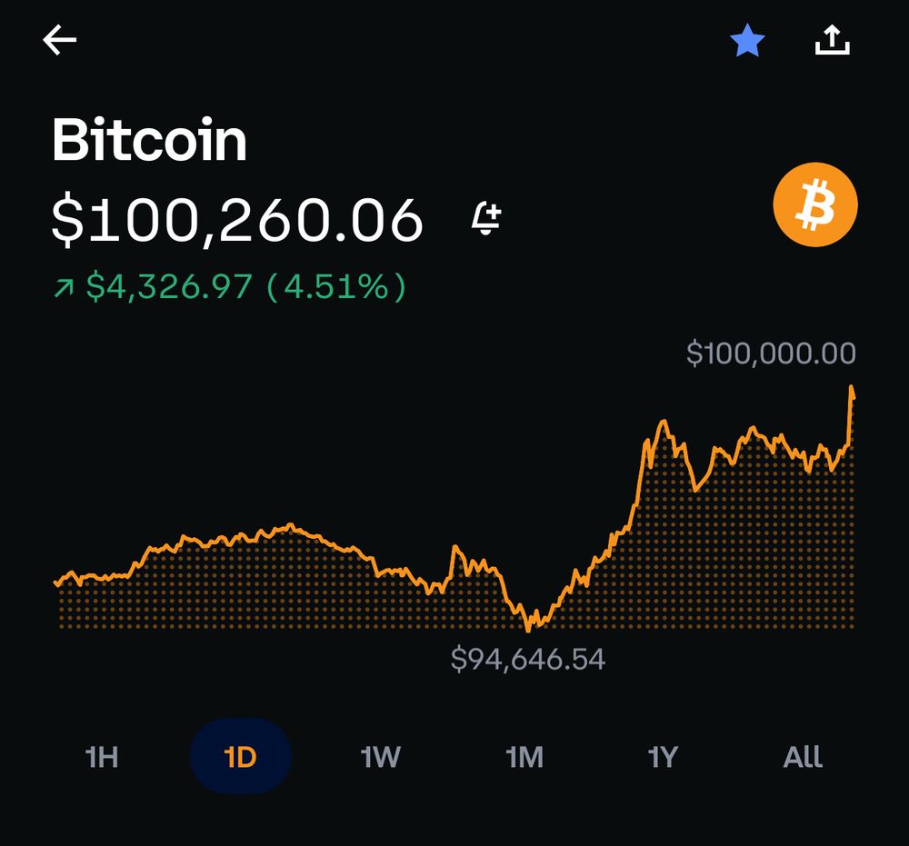 Screenshot of Bitcoin 24 hour chart showing that it reached $100,000 USD