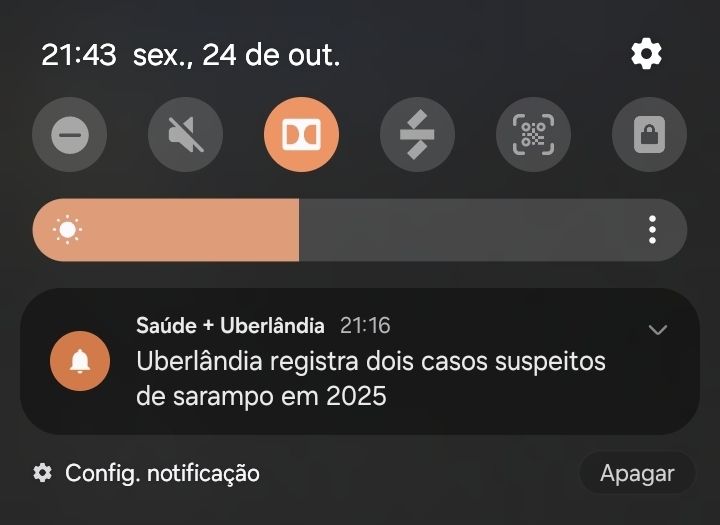 print da notificação do aplicativo do sus de uberlândia informando o registro de dois casos suspeitos de sarampo na cidade