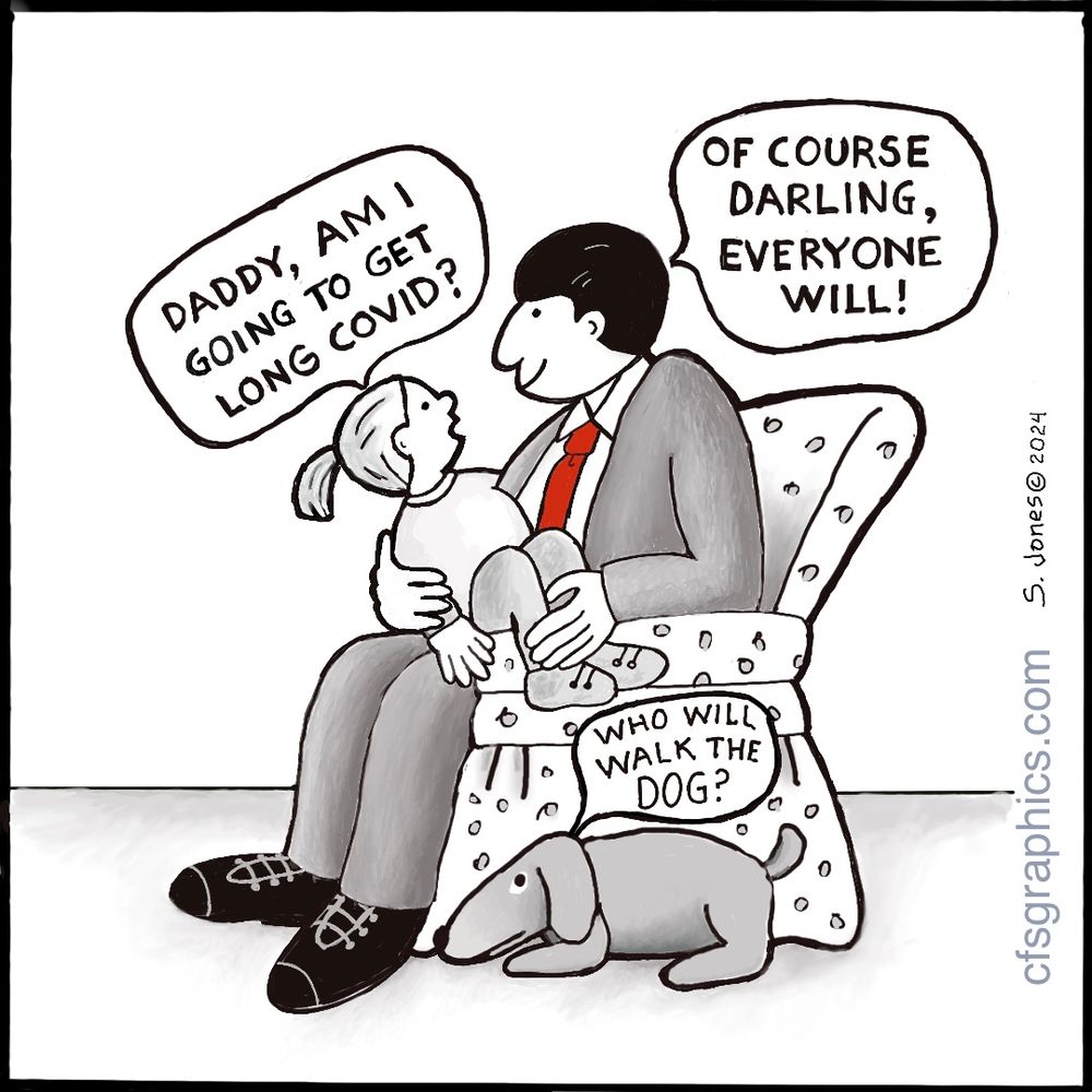 Shows a man sitting in a chair with his daughter on his lap. The girl is asking her father if she is going to get long Covid. The father says yes, everyone will. The dog sitting at the man’s feet is asking who will walk the dog.