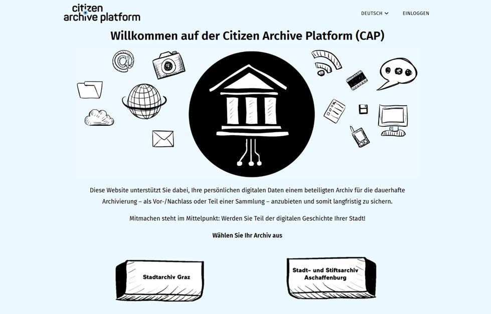 Screenshot of the German-language landing page of the Citizen Archive Platform (CAP), https://citizenarchive.eu/de/