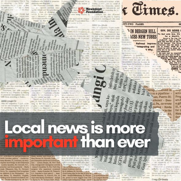 The graphic reads: Local news is more important than ever. The background is made up of various ripped newspaper pages.