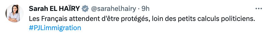 Tweet de Sarah El Hairy sur le PJL Immigration qui dit " Les français attendent d'être protégés, loin des petits calculs politiciens."