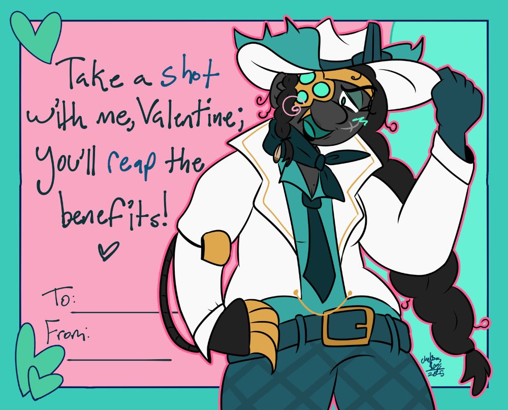 a valentine's day card of scythe phighting that reads - "take a shot with me, valentine; you'll reap the benefits!"