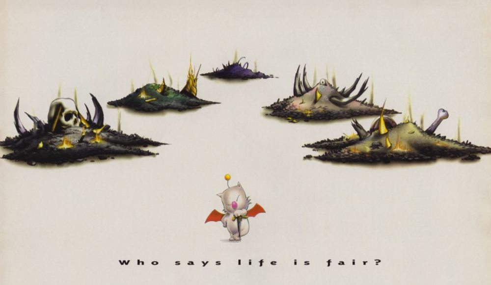 Burning heaps of ash and charred bones where the monsters once stood. The smug Moogle remains.

Text: "Who says life is fair?"

(Page two of a two-page print ad for Final Fantasy III.)