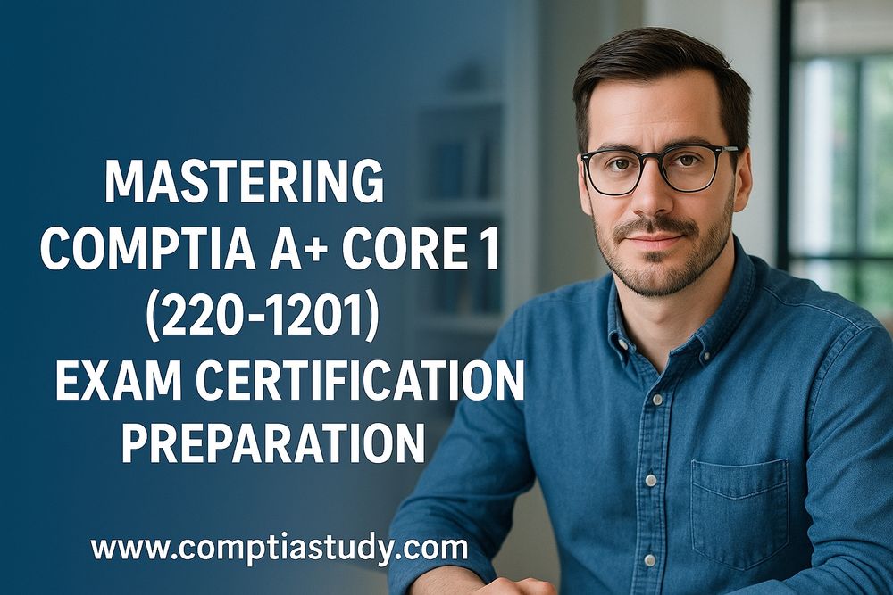 A learner reviewing hardware components, performance metrics, and troubleshooting steps while preparing for the CompTIA A+ Core 1 (220-1201) certification exam.