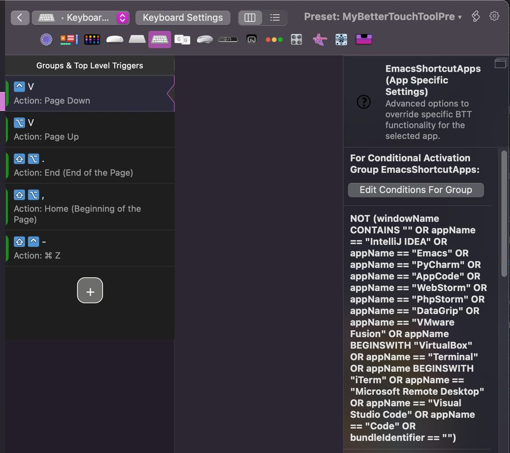 BetterTouchTool configuration for Emacs-style PgDn, PgUp, Home, End, Undo. Excluded from apps that have Emacs keymap options like Emacs itself or IntelliJ IDEA