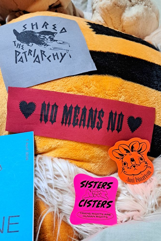 ZINE祭りで入手したステッカーとパッチの写真。
上から、miyakeayaさんの『SHRED THE PATRIARCHY』パッチと『NO MEANS NO』パッチ、super-kikiさんの『Anti-binarism』ステッカーと『SISTERS NOT CISTERS TRANS RIGHTS ARE HUMAN RIGHTS』ステッカー。