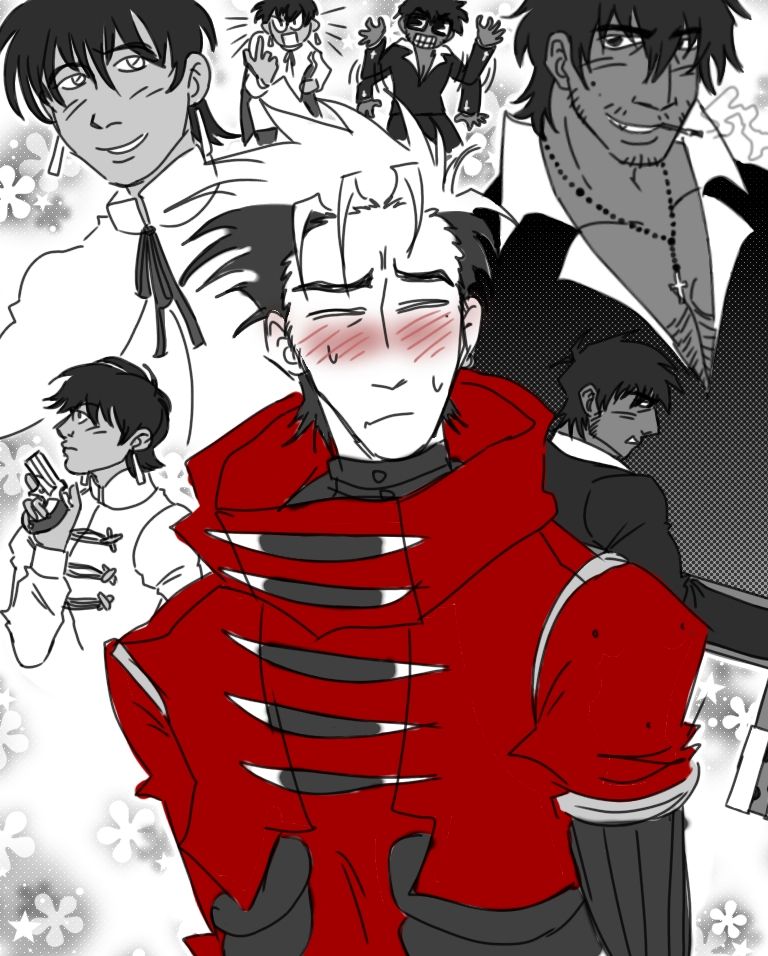 Mostly greyscale drawing of Vash thinking about Meryl and Wolfwood. The only color is the red of Vash's coat and the blush on his cheeks and ears. Behind him are drawings of Meryl and Wolfwood in 3 different poses. At the top above Vash's head are chibi's of the two lecturing Vash. Then there are bust drawings of the two of them on both sides of Vash. They are both genuinely smiling, and Wolfwood has a cigarette in his mouth. The last drawings show profiles of Meryl and Wolfwood both holding their respective weapons. The background has a shoujo manga feel with glowy flowers and stars scattered about.