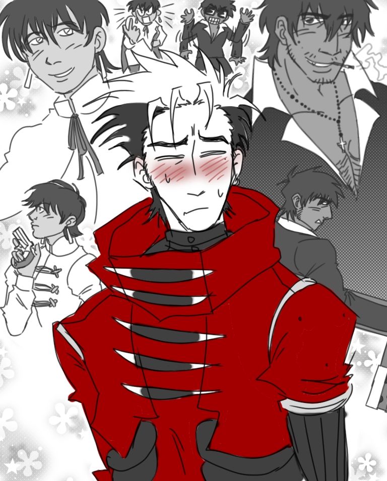 The same drawing except the drawings of Meryl and Wolfwood are a bit lighter in color so you can see Vash in the forefront easier.