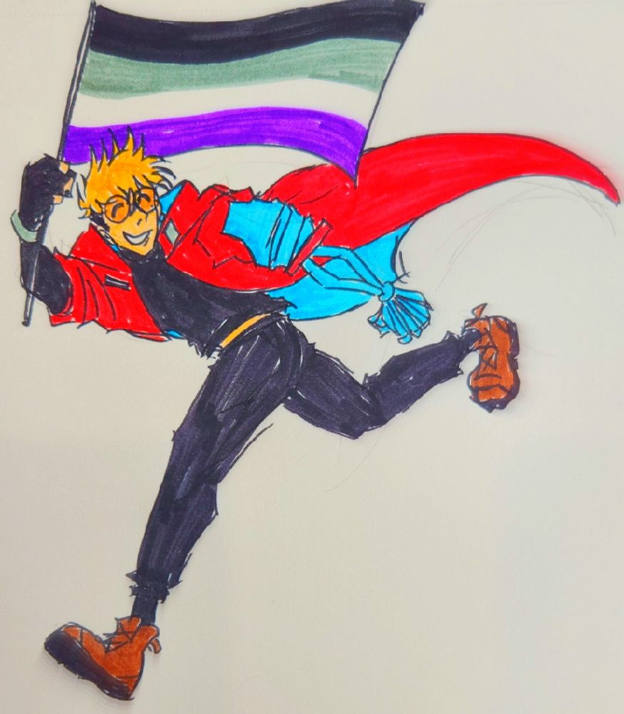 A traditional drawing of Vash the Stampede from Trigun Stampede. He is running with a grin on his face and his eyes closed. He is holding an asexual flag and it flows behind him along with his jacket.