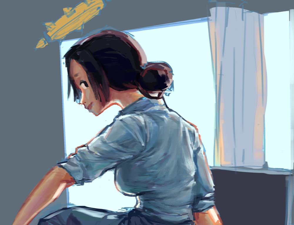WIP of a woman sitting on a desk (if you clicked on the alt text comment 🍪)